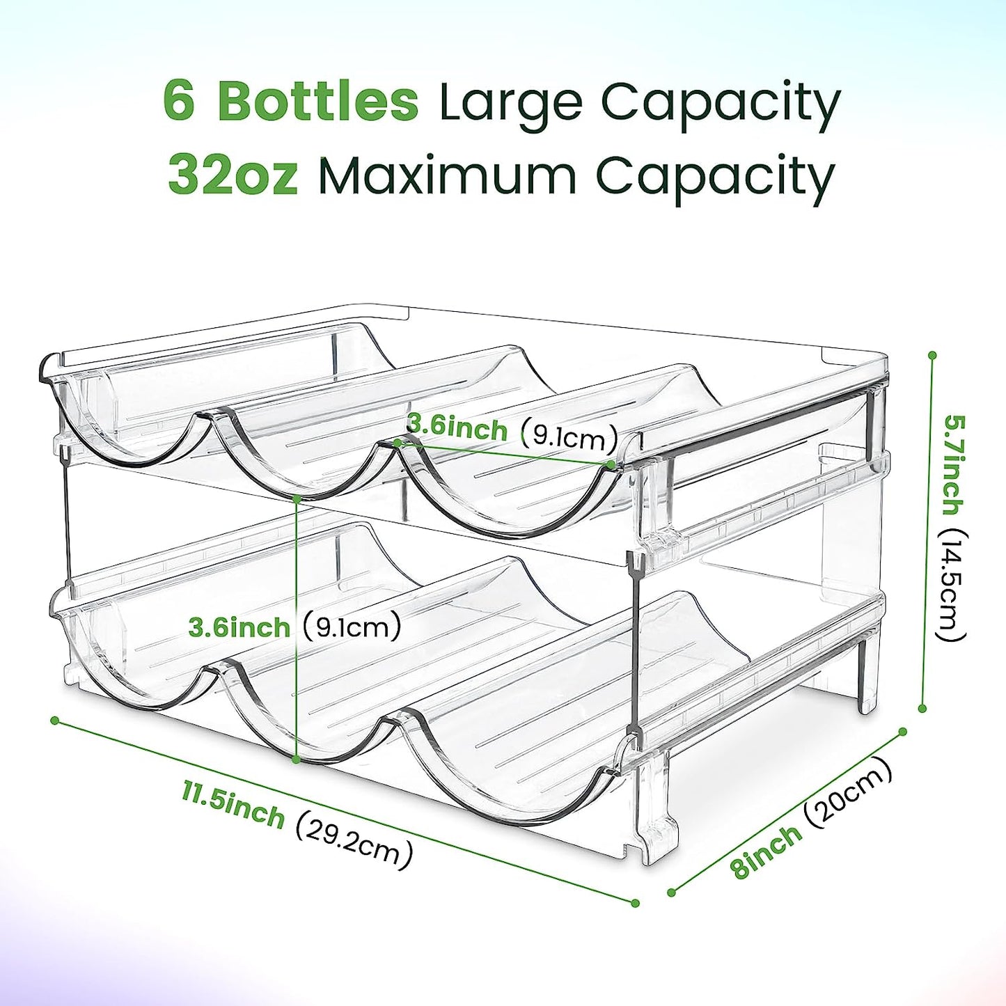 Stackable water bottle storage racks for cabinets, two-pack organizer for water bottles, sturdy holder for kitchen cabinet organization.