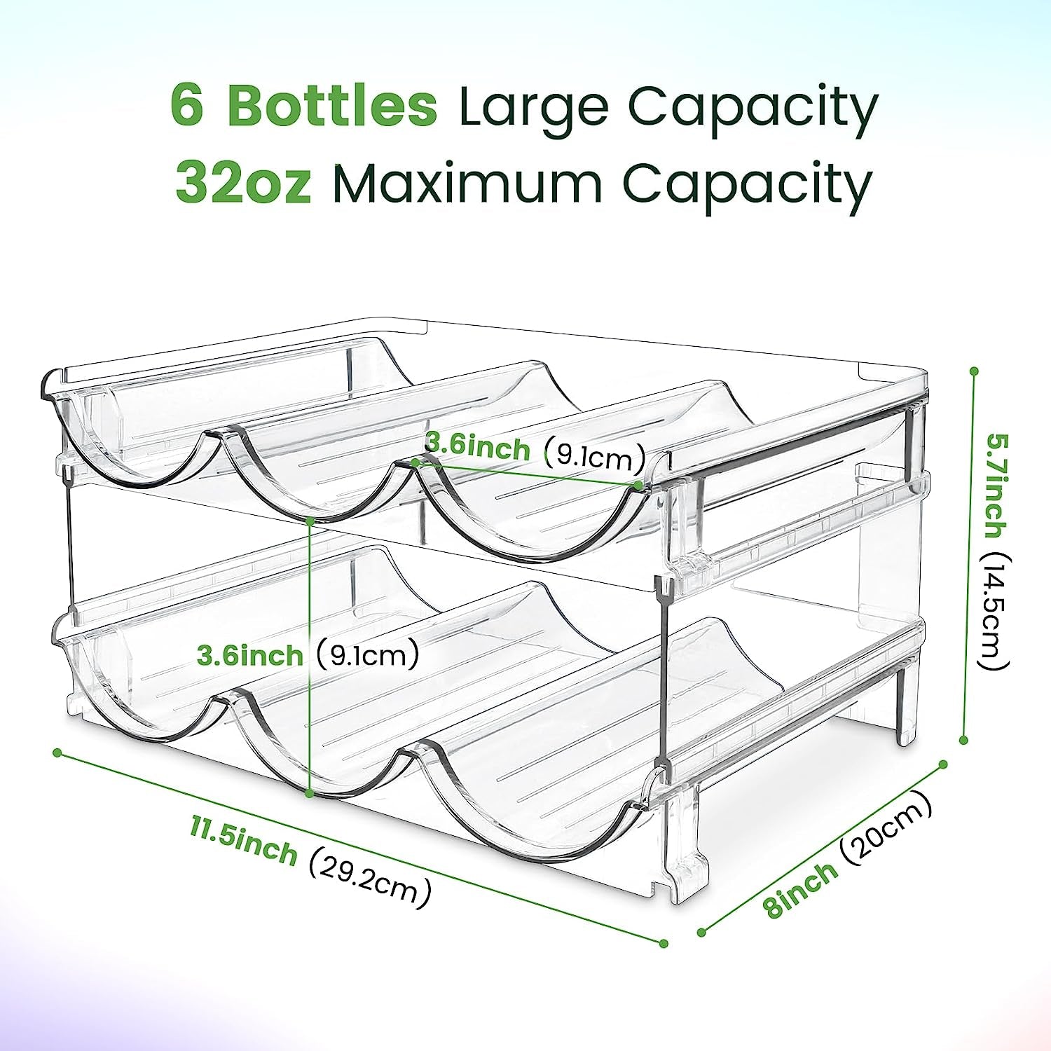 Stackable water bottle storage racks for cabinets, two-pack organizer for water bottles, sturdy holder for kitchen cabinet organization.