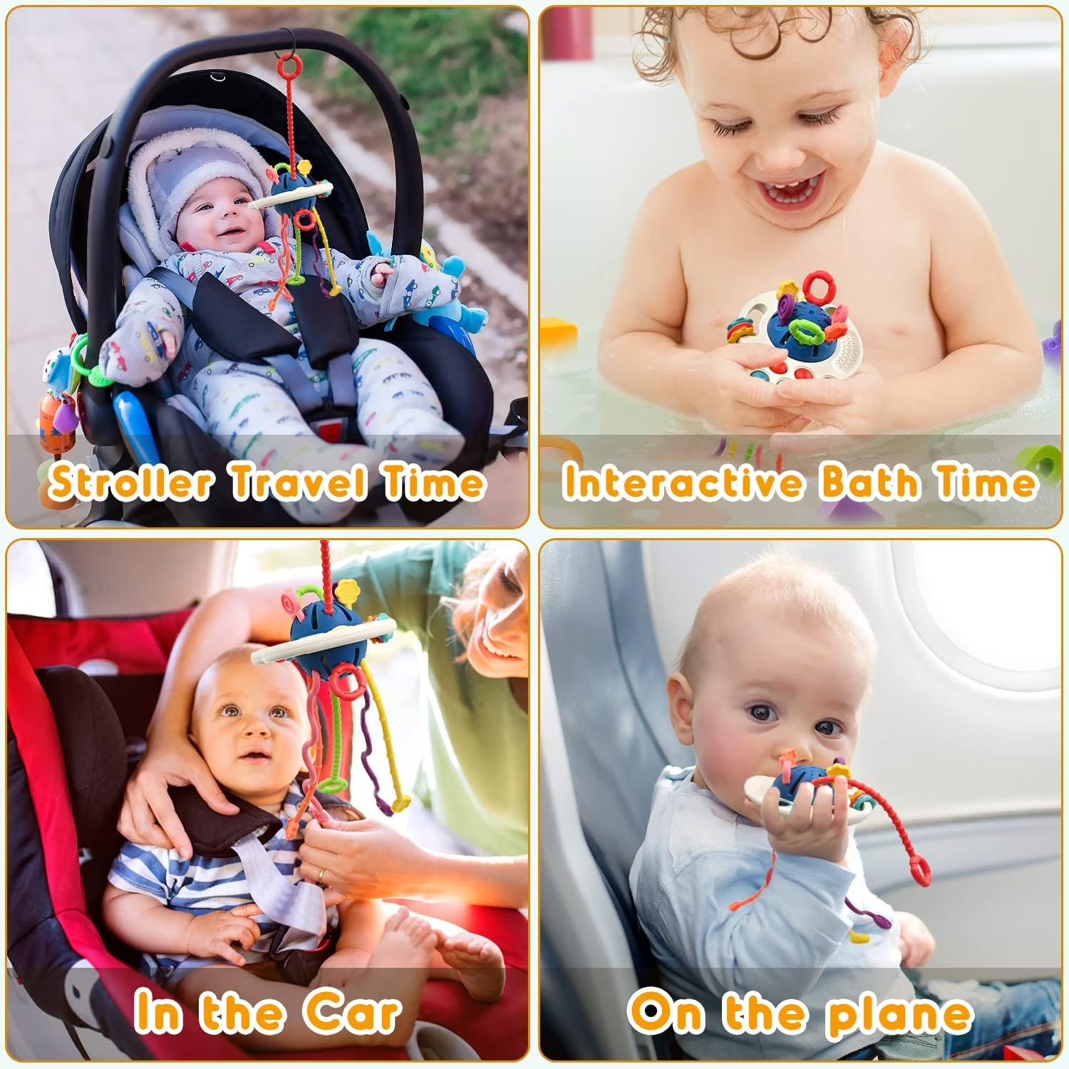 All-in-one Montessori baby sensory toy with pull string activity, perfect for infants 0-18 months to develop fine motor skills.