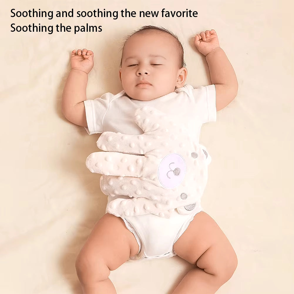 Soothing baby sleep aid pillow with calming palms, designed for infants and toddlers, featuring remote control for gentle soothing.