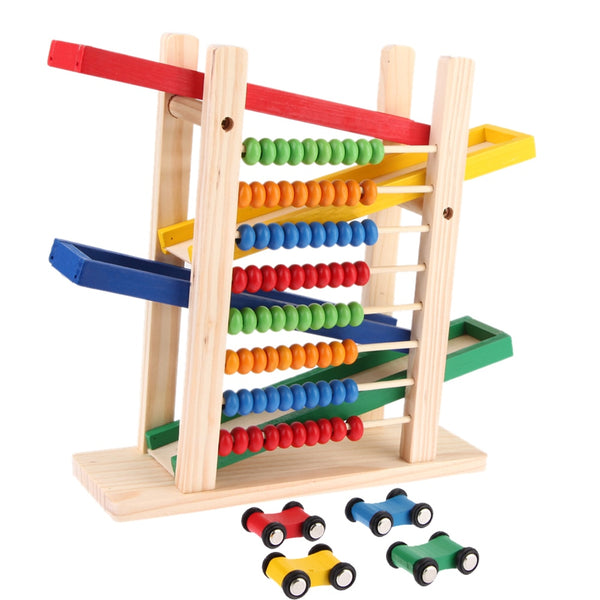 Baby Montessori Educational Wooden Toy Abacus Slippery Car Toys Creative Colorful with 4 Toy Cars Early Learning Teaching Toy