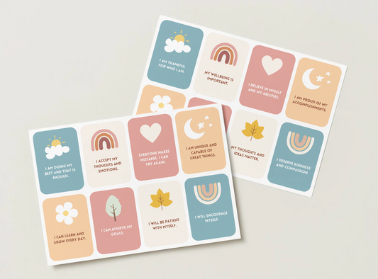 Printable Boho affirmation cards for kids by X With Love, featuring colorful daily positive mantra cards in PDF format.