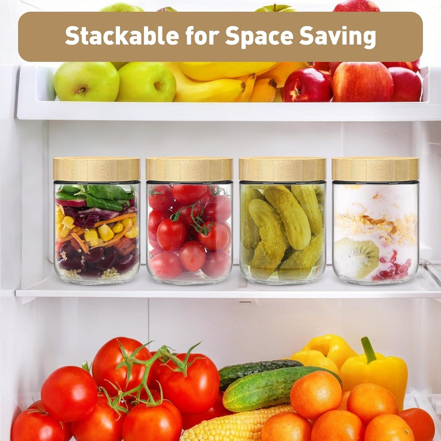 Set of four 16oz glass overnight oats jars with bamboo lids, wide mouth design, including spoons for meal prep and storage.