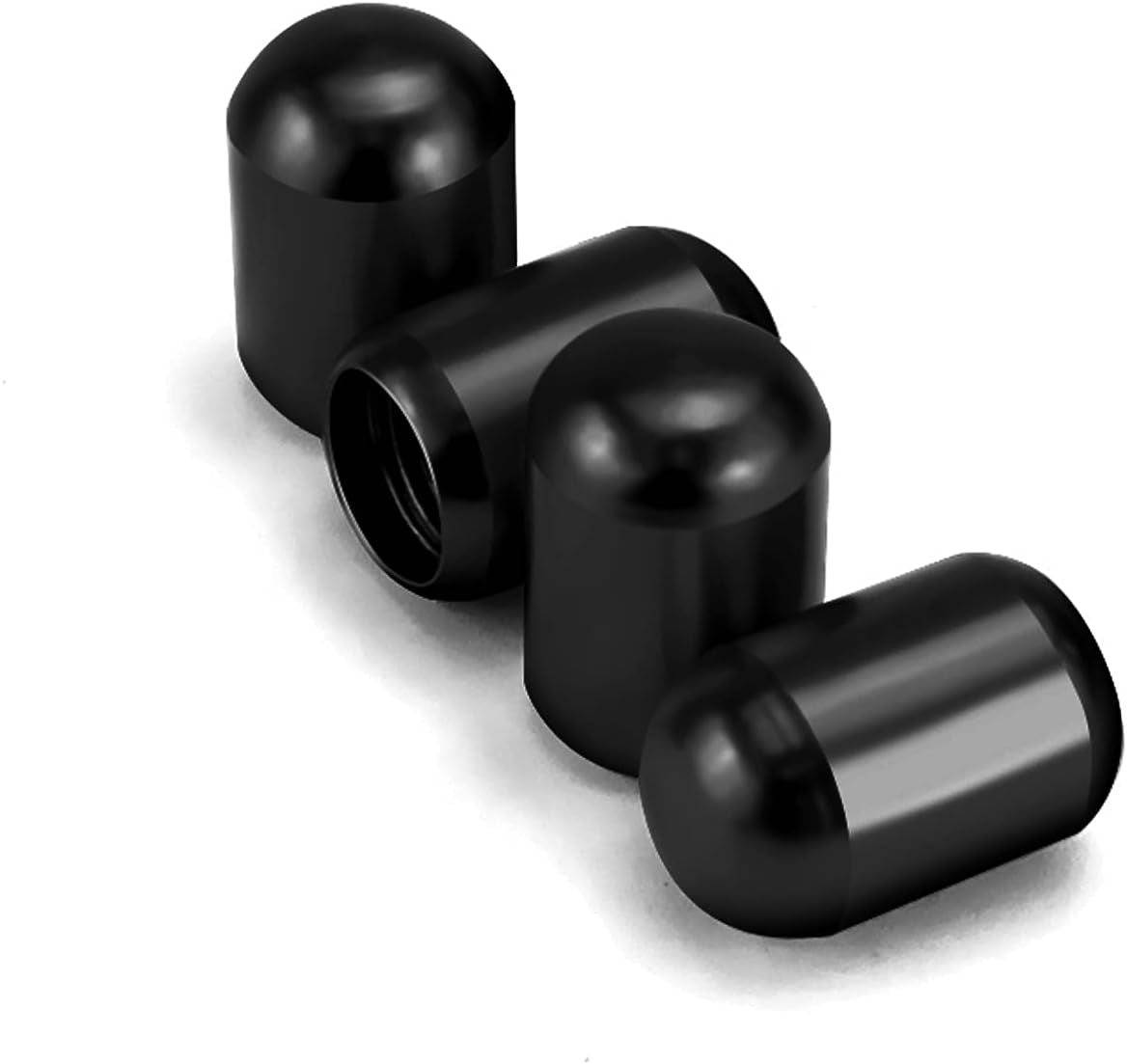 Set of four black car tire valve stem caps for cars, SUVs, bikes, trucks, and motorcycles, exterior wheel accessories.