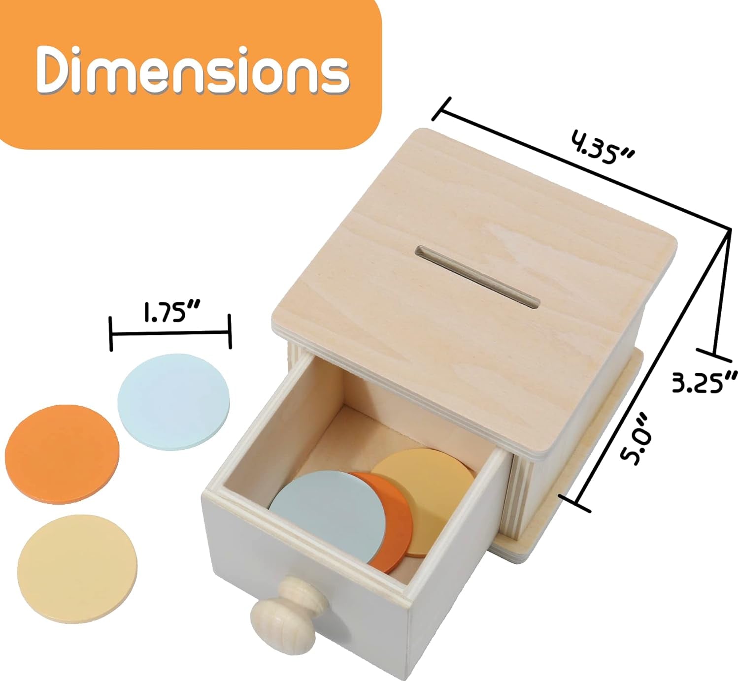 Wooden Montessori coin box toy by X With Love, featuring a toddler-friendly ball and drawer for infant object permanence learning.