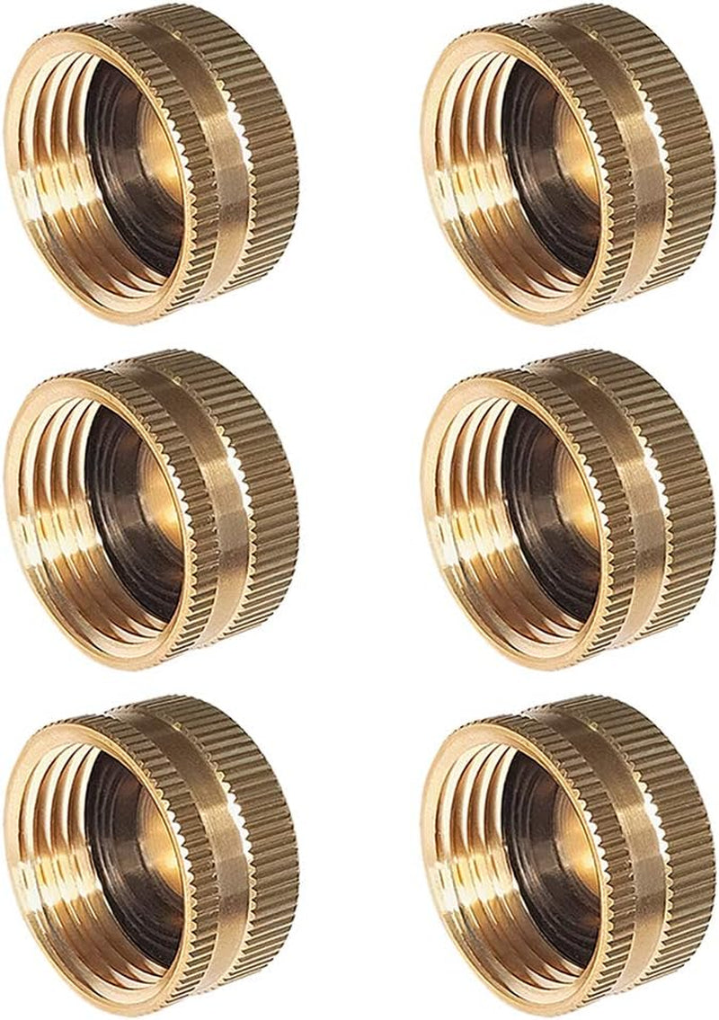 Set of six brass garden hose caps with washers, 3/4 inch female fittings for garden hoses and connectors by X With Love.