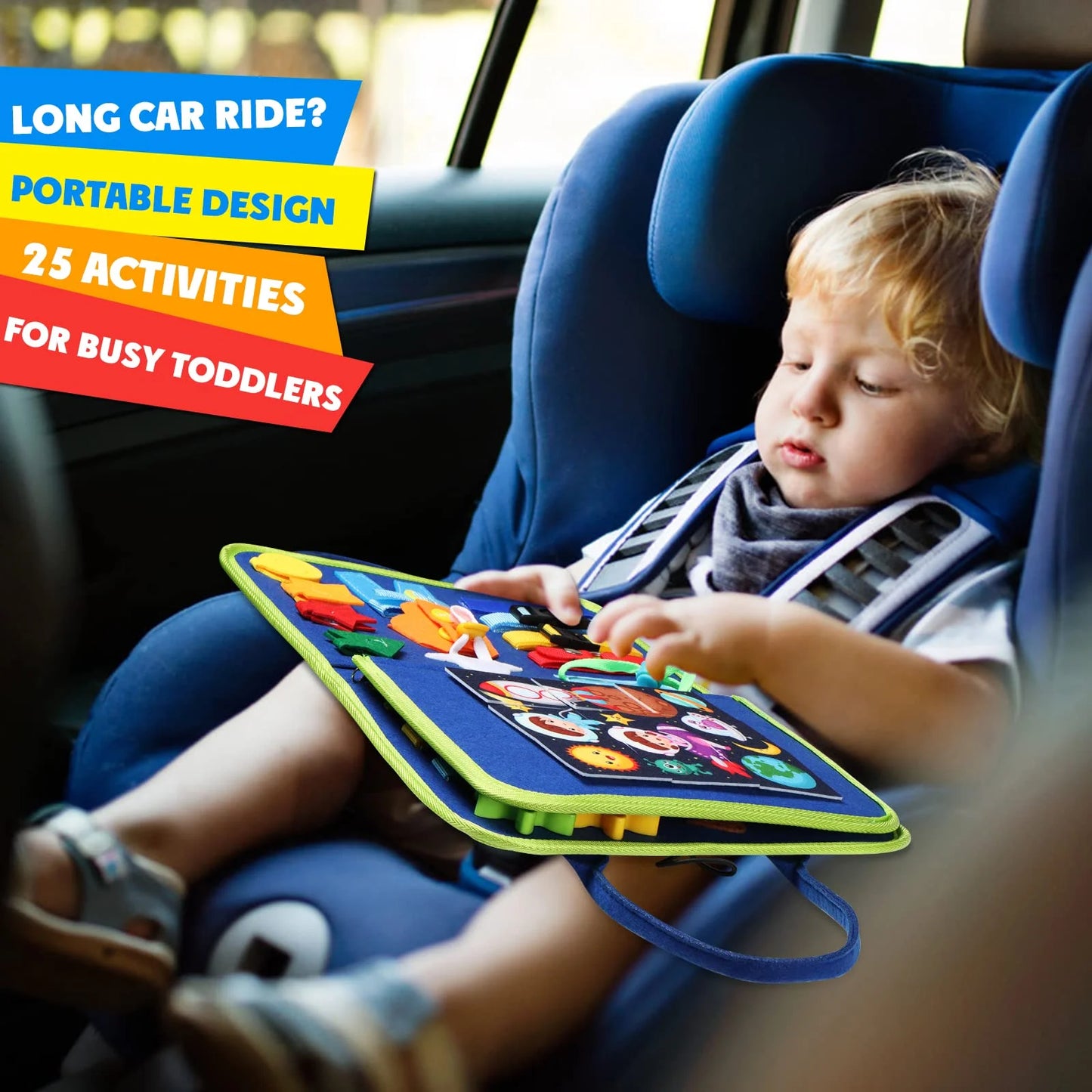 Busy Board Montessori Toy for Toddlers, Educational Activity Developing Sensory Board for Fine Basic Dress Motor Skills - Travel Toys for Plane Car, Gift for Boys Girls 1 2 3 4 Year Old
