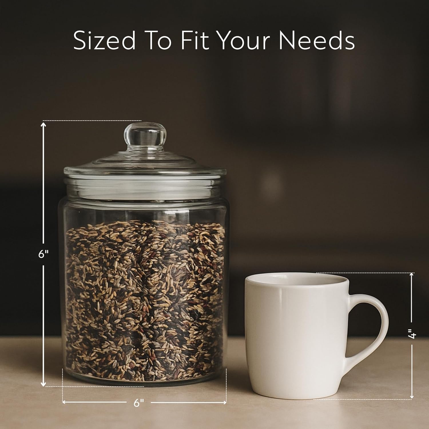 Vetri 0.5-gallon clear glass storage jar with lid, wide opening, knob handle, ideal for cookies, candies, or kitchen storage.