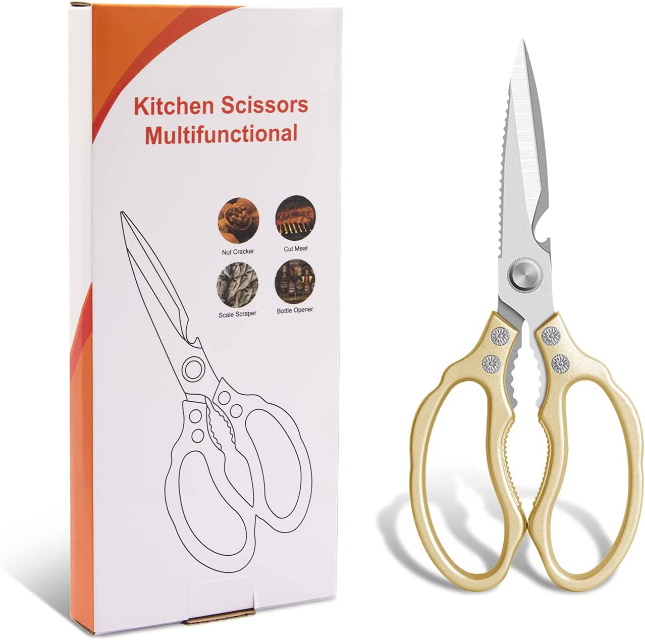 Heavy-duty stainless steel kitchen scissors with gold handles, non-slip grips, ideal for poultry, fish, meat, herbs, and grapes.