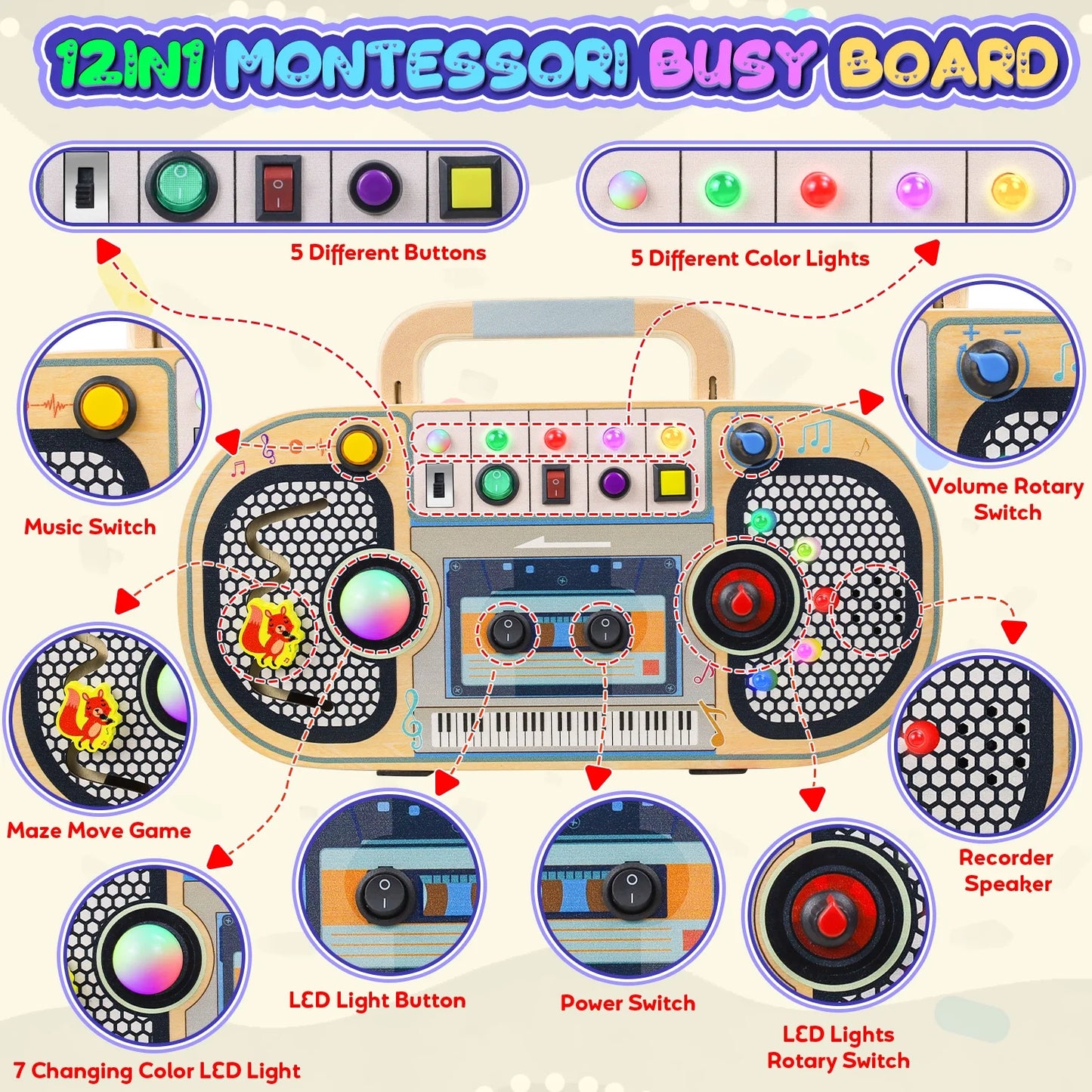Montessori wooden busy board for toddlers with LED light, sensory switches, music labyrinth, and DIY stickers, suitable for ages 1-4.