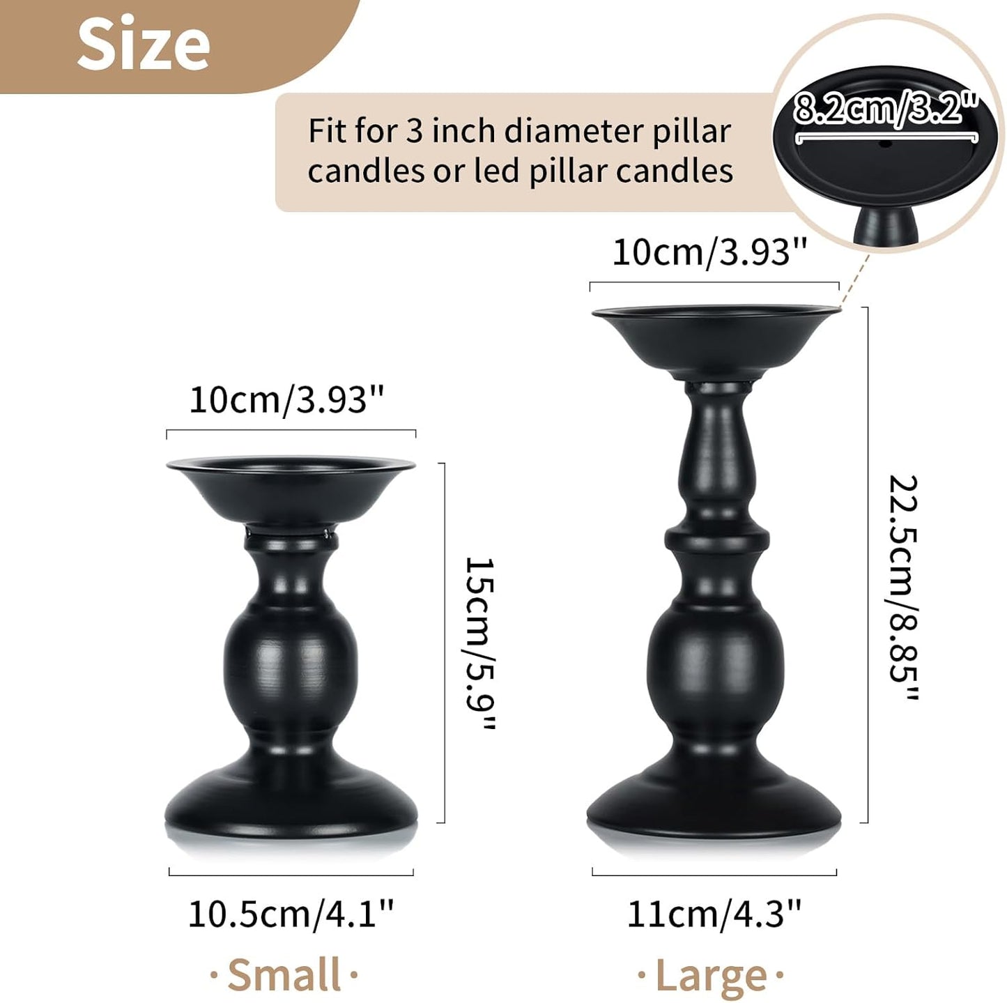 Two black rustic metal pillar candle holders for tall candles, ideal for farmhouse decor, Halloween, Easter, or fireplace accents.
