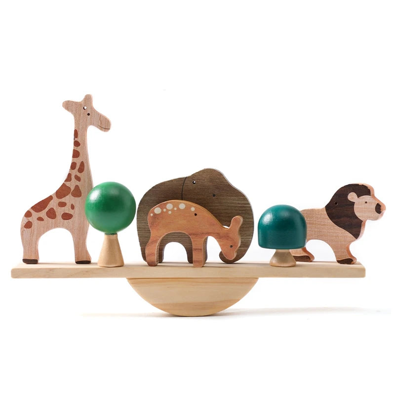 Wooden Montessori sensory stacking toys featuring forest house replicas for babies, ideal for early childhood education and developmental play.
