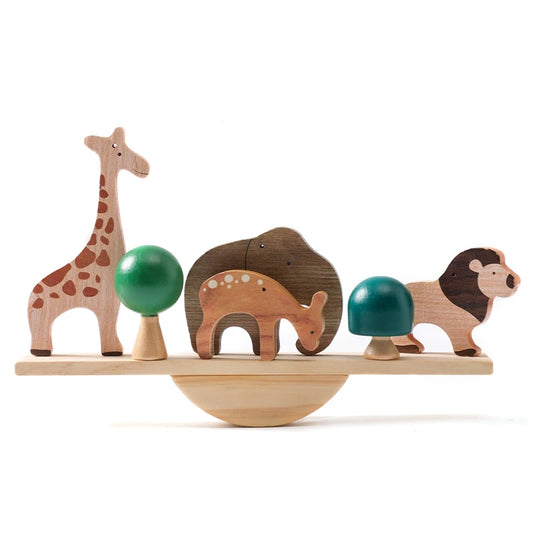 Wooden Montessori sensory stacking toys featuring forest house replicas for babies, ideal for early childhood education and developmental play.