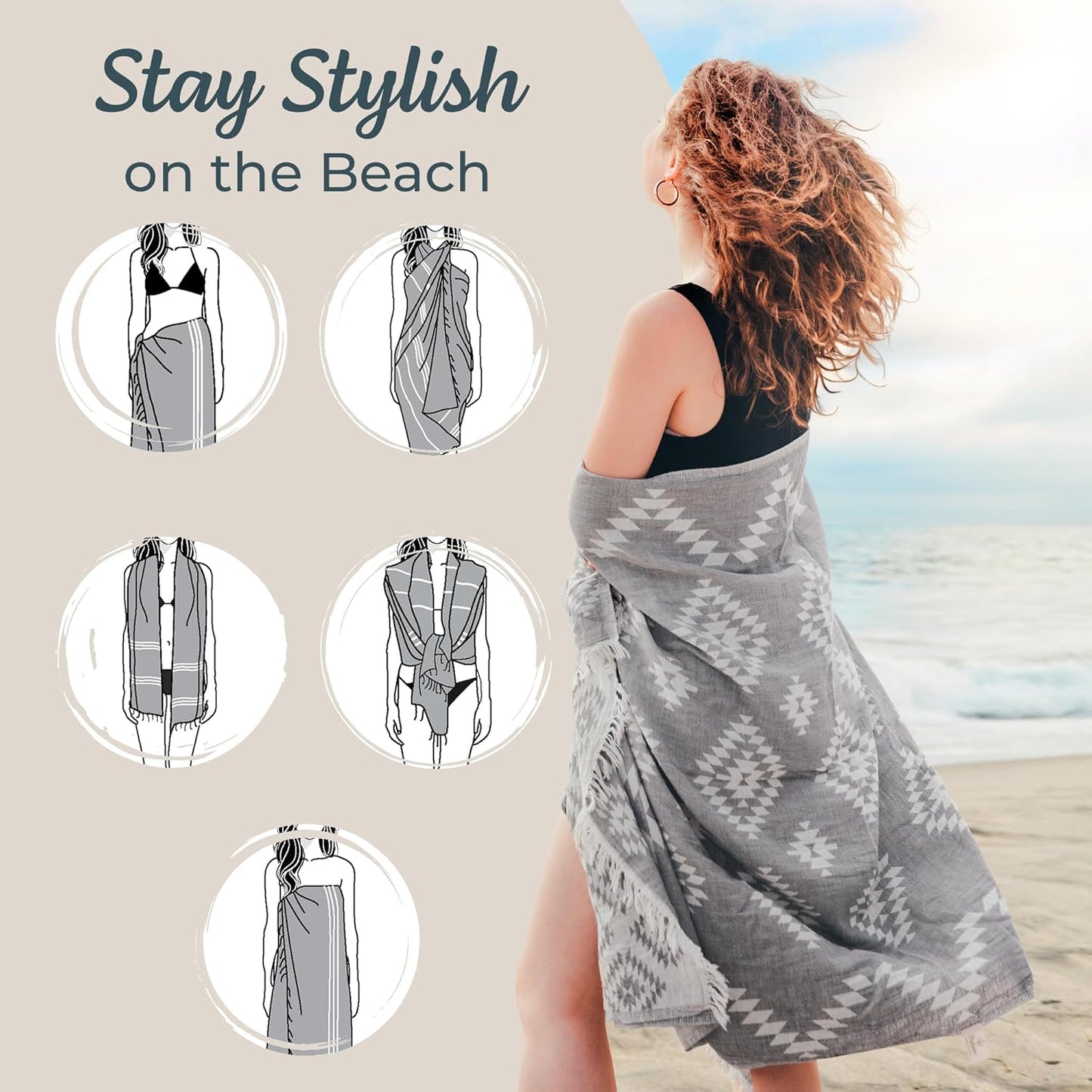 Vintage dark grey Turkish beach towel by My Store, lightweight 35x67 inch 100% cotton quick-dry sand-free Turkish towel.