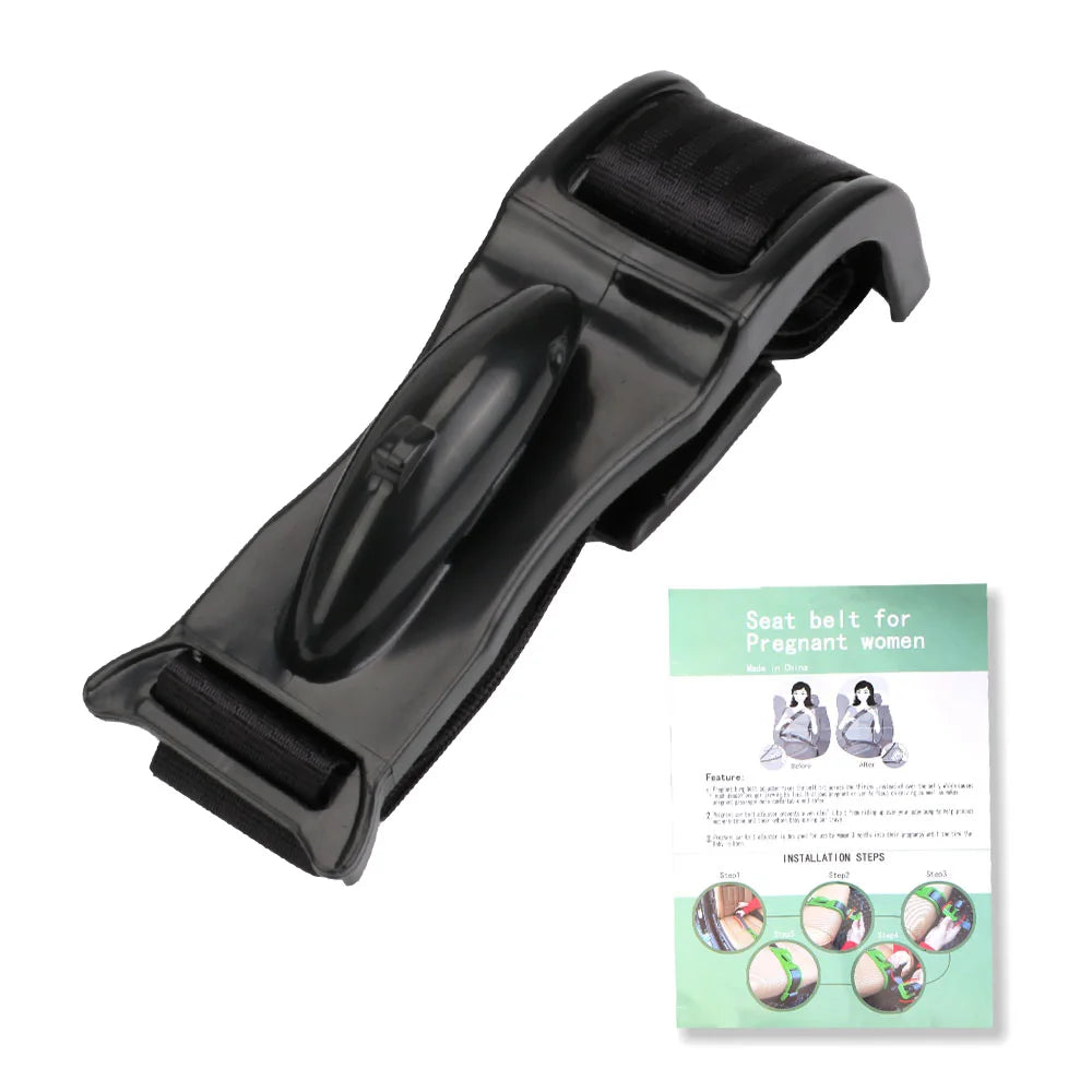 Pregnant woman car seat safety belt with extender kit, maternity belly protector, and adjustable automotive accessory.