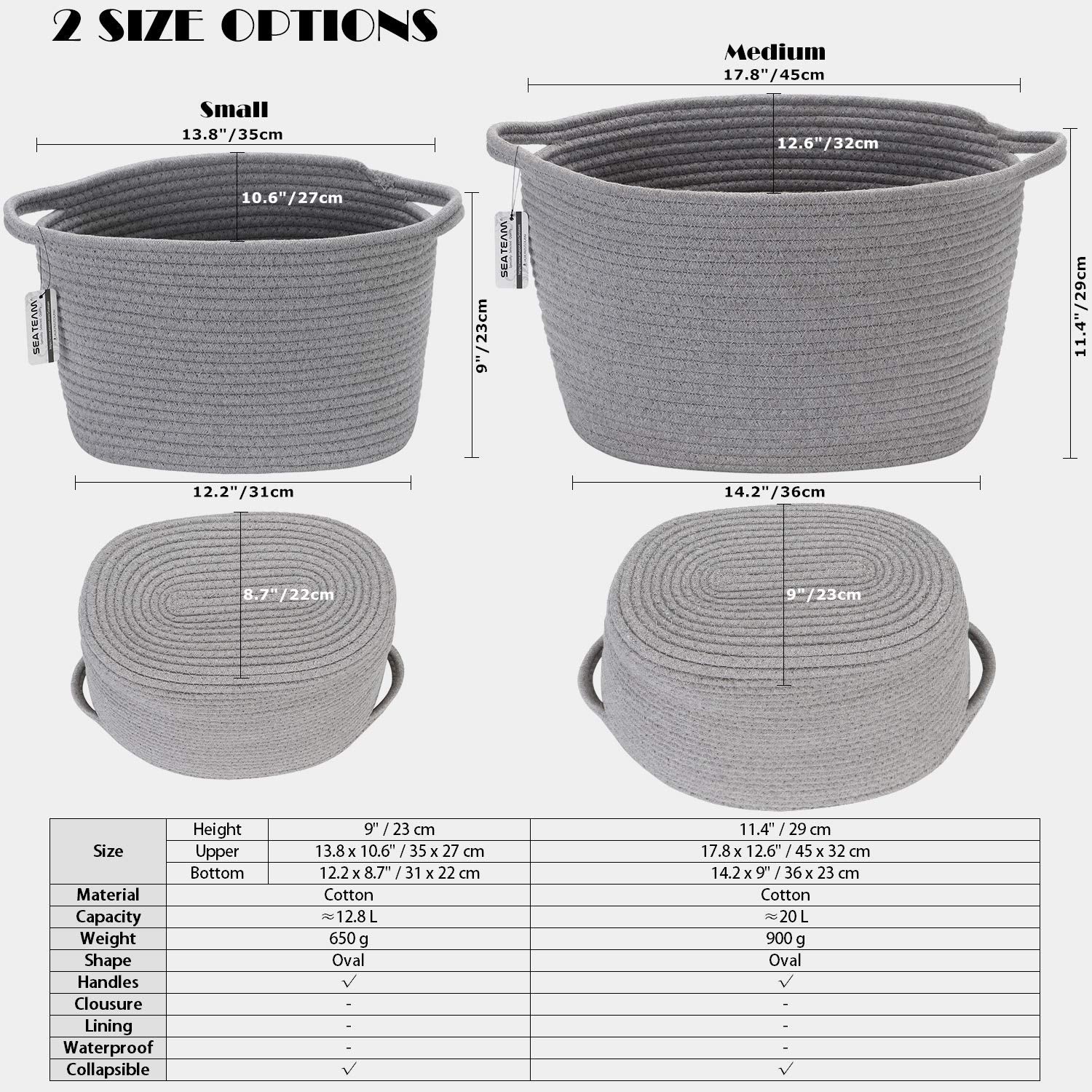 Grey oval cotton rope woven storage basket with handles, ideal for nursery organization and diaper caddies, medium size.