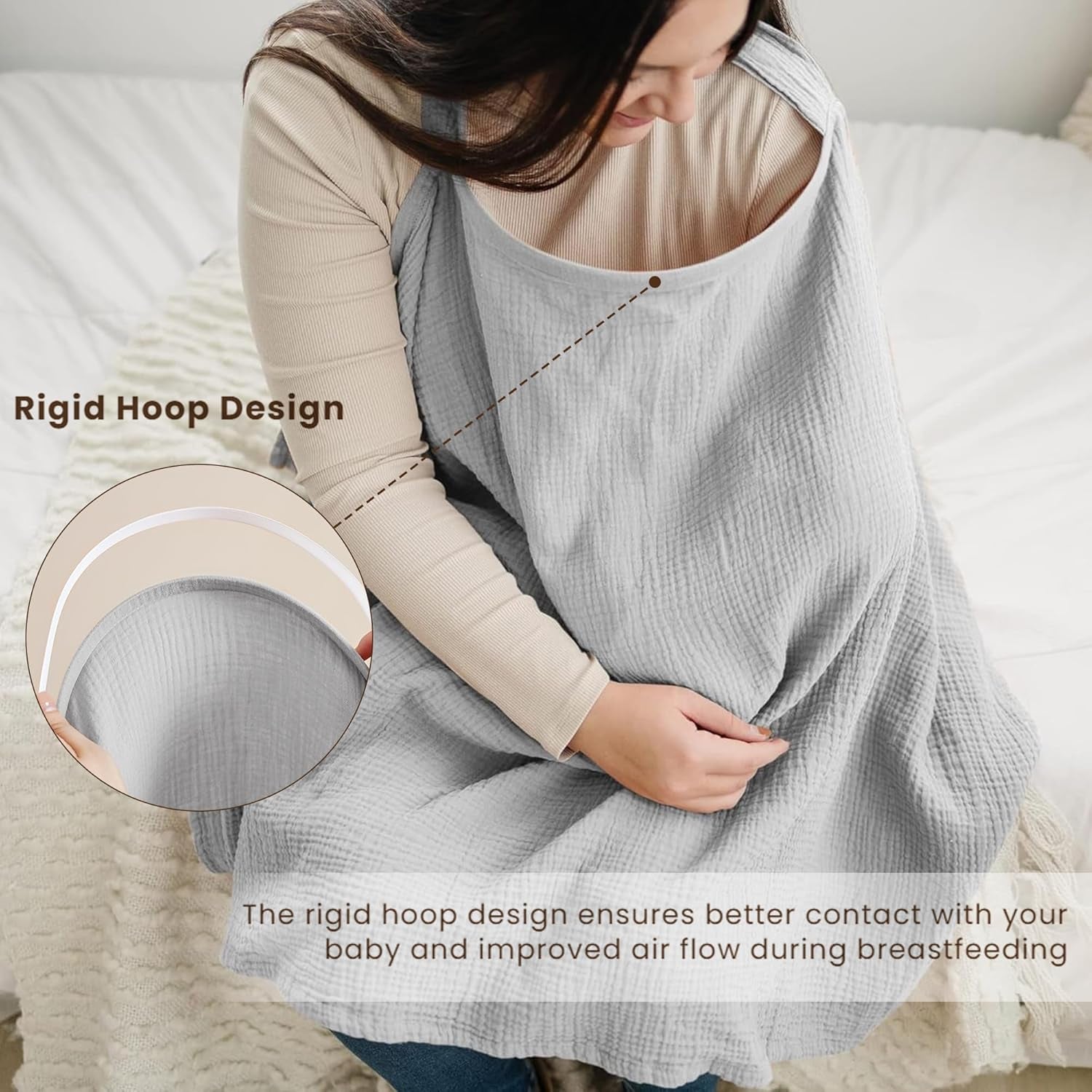 Grey X With Love muslin nursing cover for baby breastfeeding, breathable 100% cotton with rigid hoop and versatile carseat canopy.