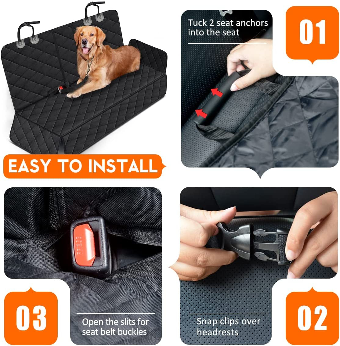 Black dog car seat cover for back seat, waterproof, non-slip pet seat protector fitting most cars, SUVs, and trucks.