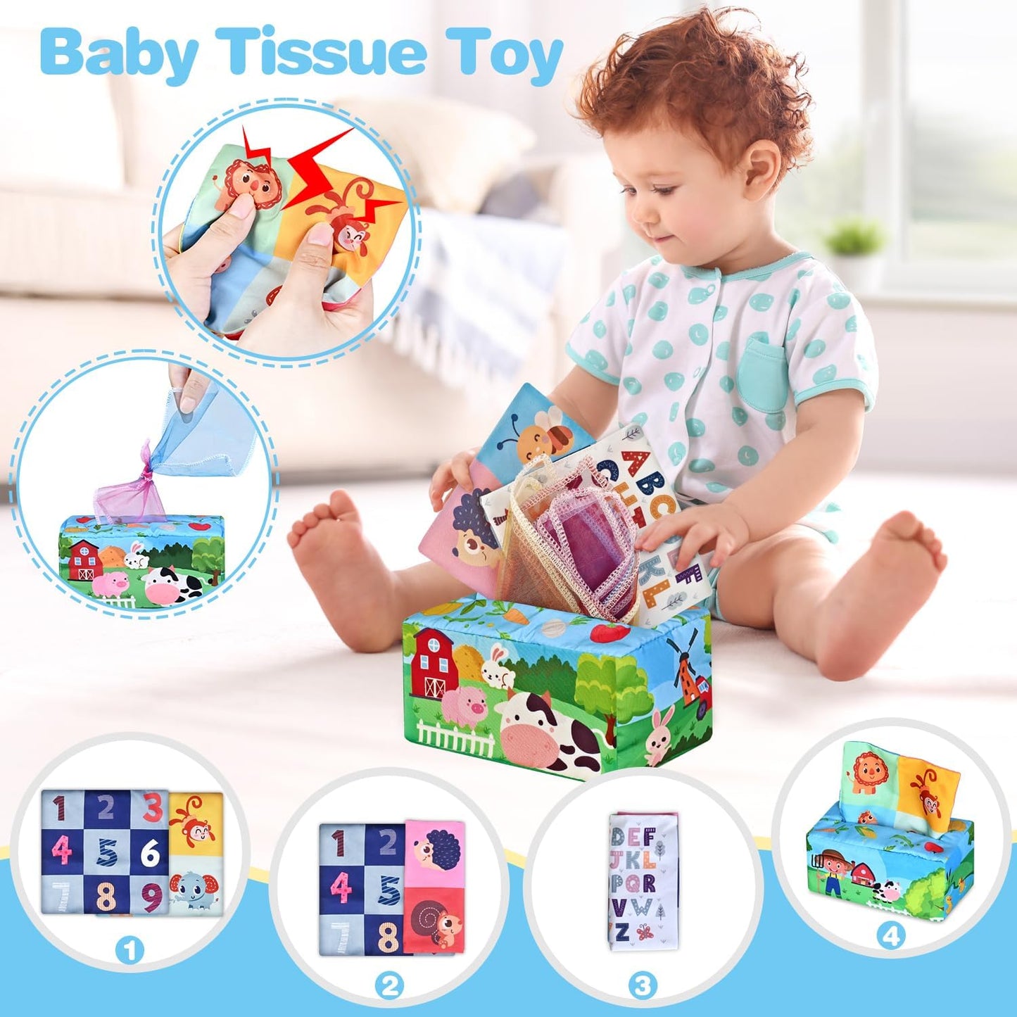 X With Love baby toys for 6-12 months, soft sensory teething toy, stacking cups, shape sorter, and finger puppets for infants.