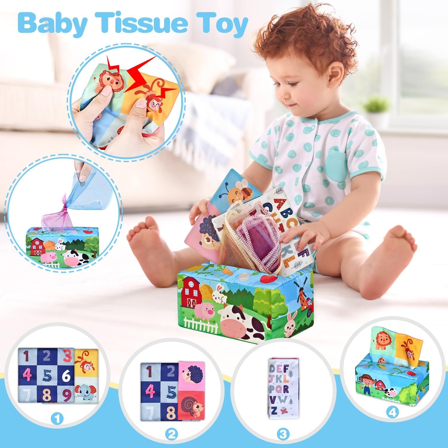 X With Love baby toys for 6-12 months, soft sensory teething toy, stacking cups, shape sorter, and finger puppets for infants.