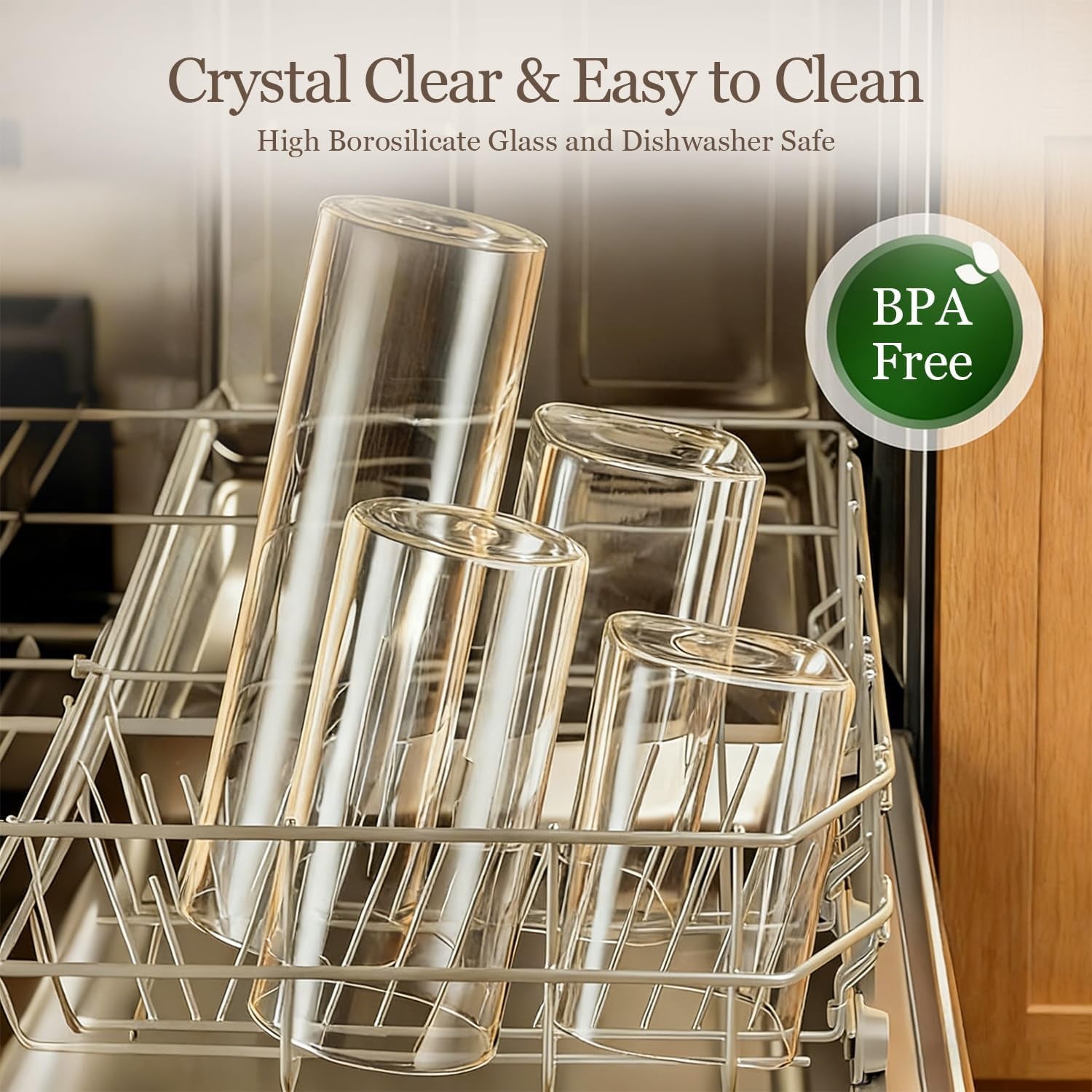 Set of six glass storage containers with airtight lids, labels, and stackable design for pantry organization and dry food storage.