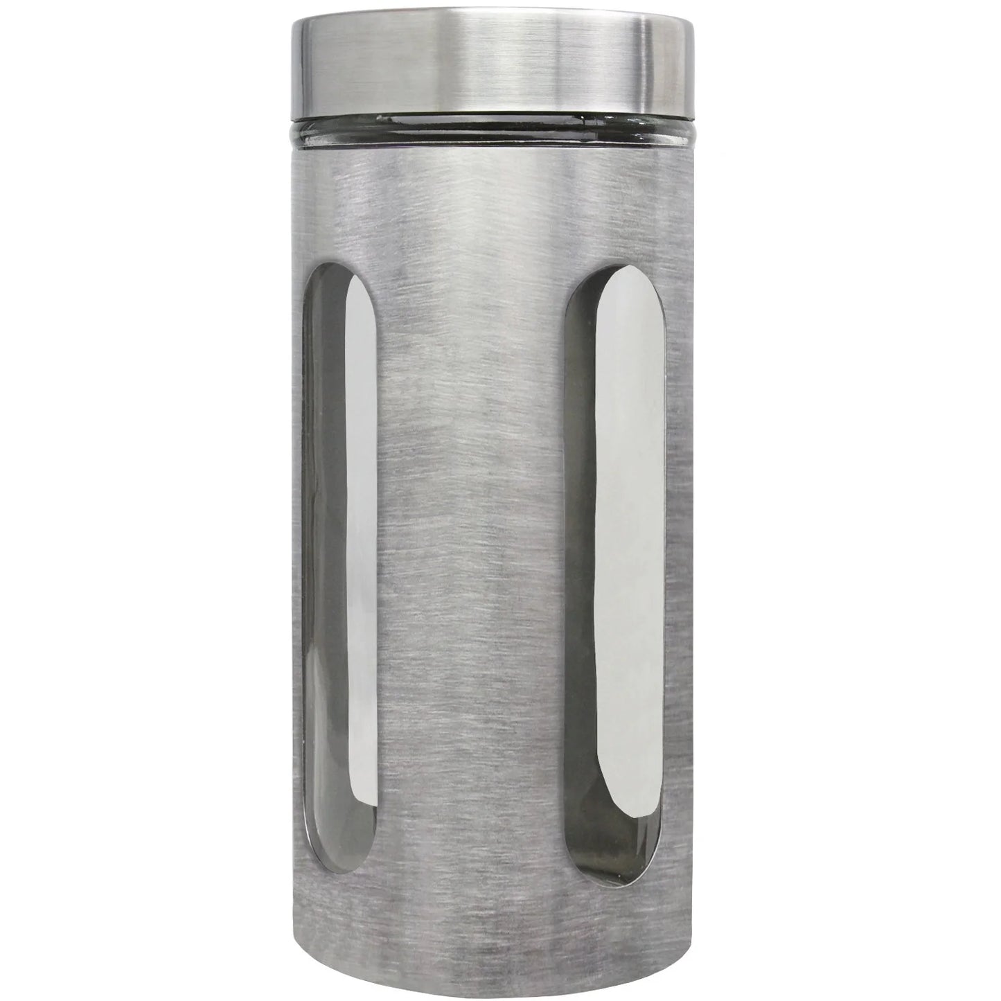44oz stainless steel canister with clear window by X With Love, featuring a sleek design and secure lid for kitchen storage.