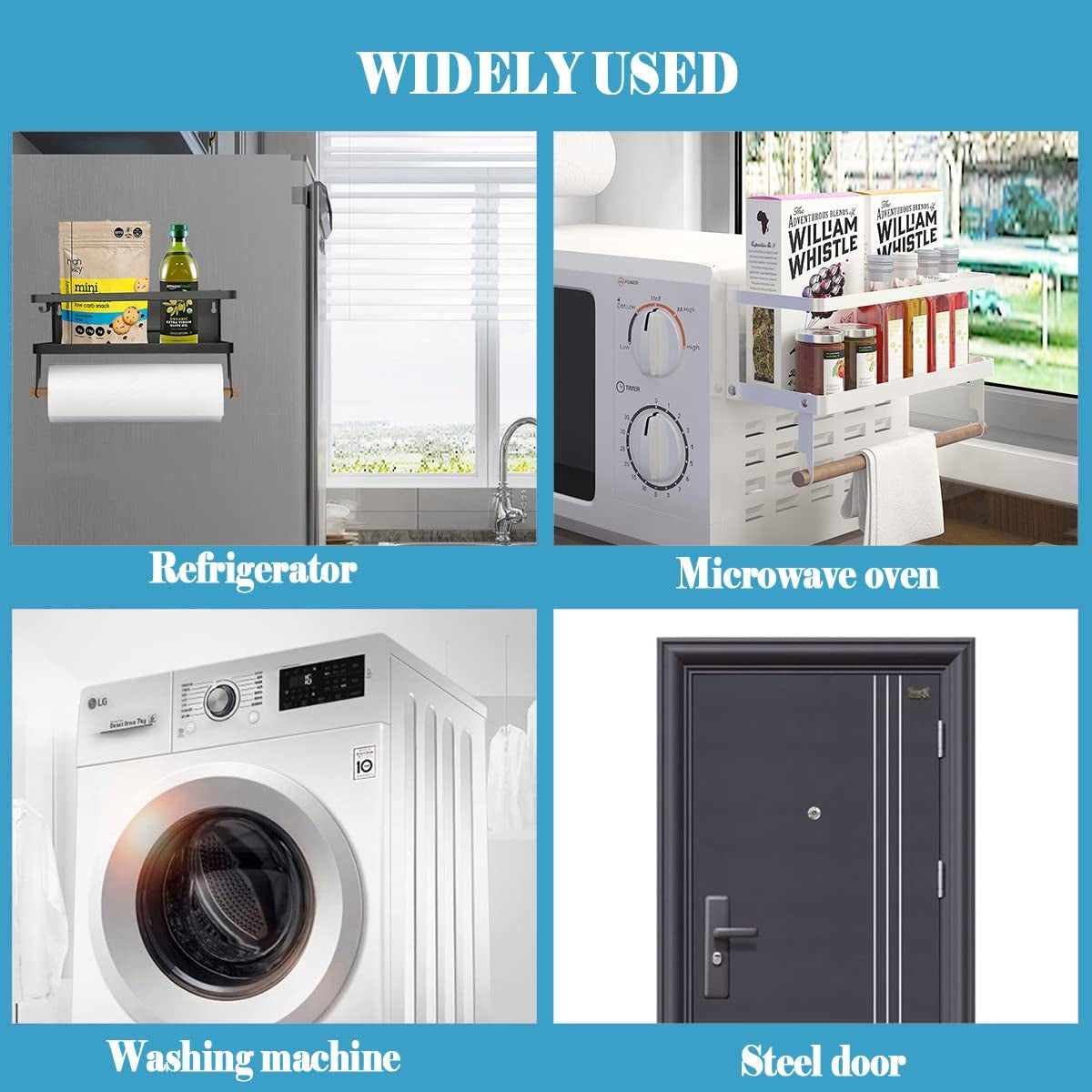 Magnetic black paper towel holder with hooks and wall mount shelf, designed for refrigerator storage and organization.