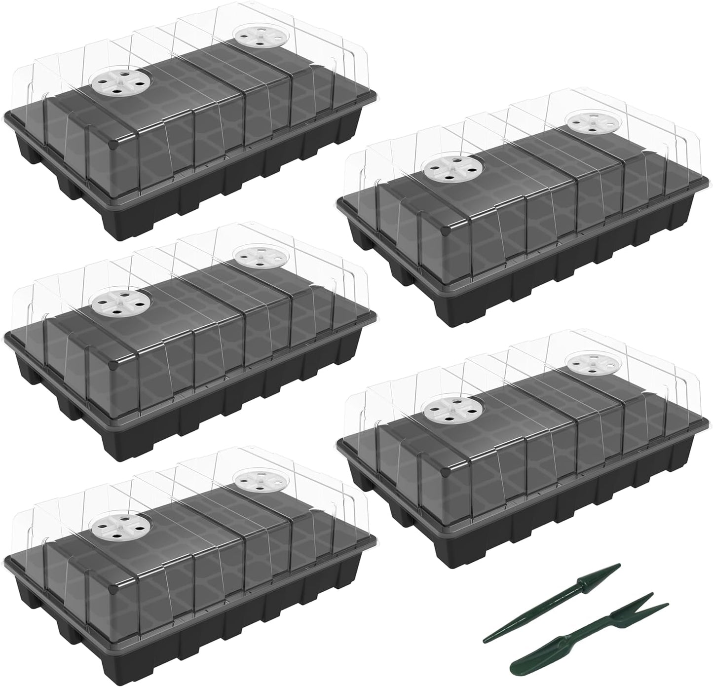 Durable 5-set seed starter tray kits with 200 cells, humidity vented domes, ideal for indoor gardening and seed germination.
