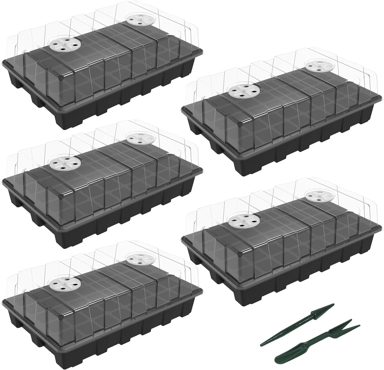 Durable 5-set seed starter tray kits with 200 cells, humidity vented domes, ideal for indoor gardening and seed germination.