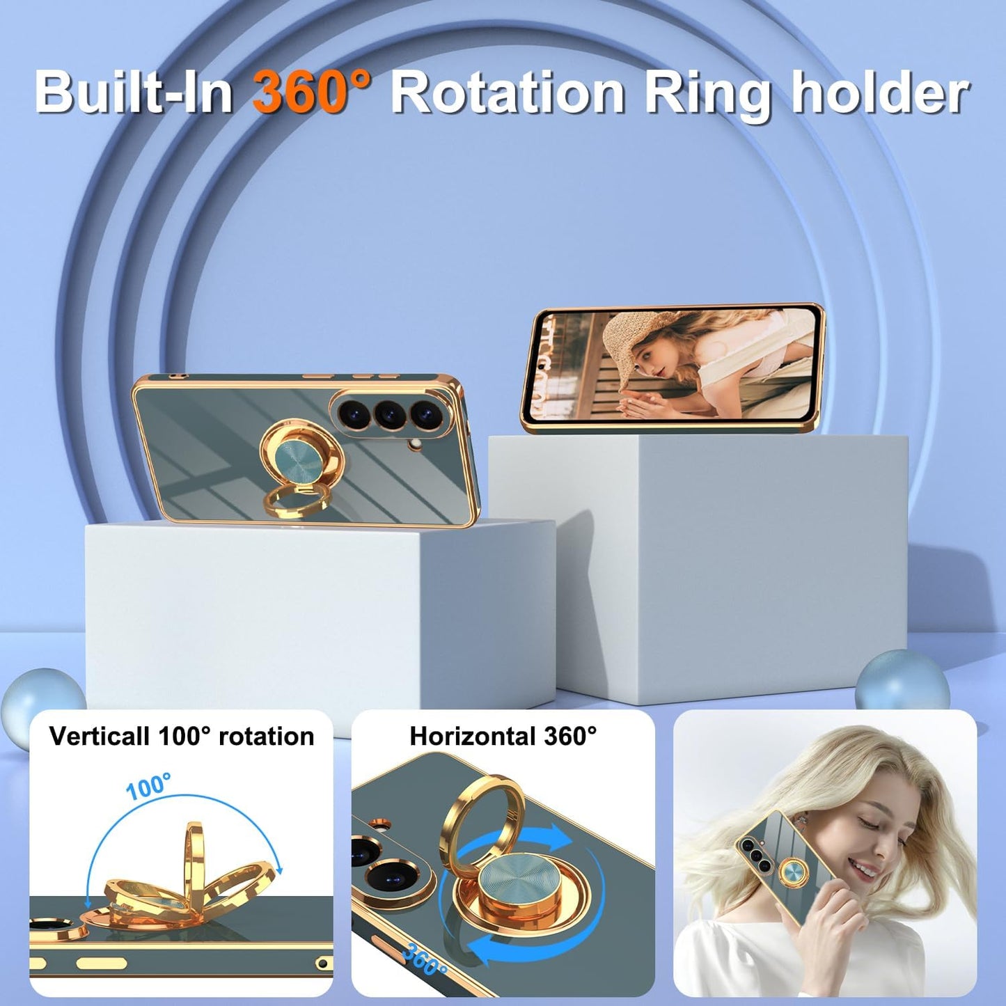 Gray Samsung Galaxy S26 case with 2 screen protectors, 360° ring holder, magnetic kickstand, gold edging, soft TPU shockproof cover