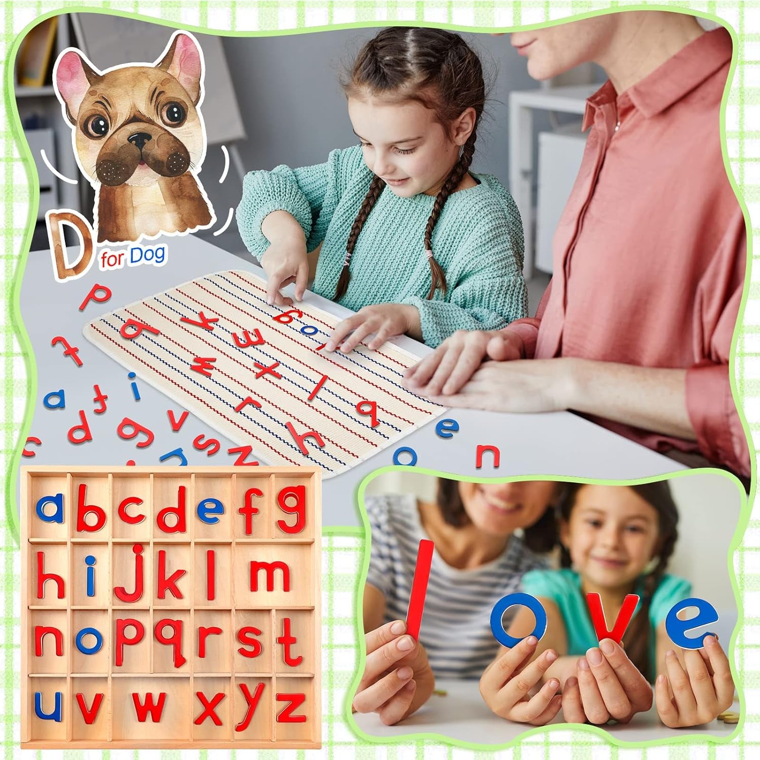 Set of colorful red and blue wooden Montessori alphabet letters with trays and large mat for preschool spelling and language learning.