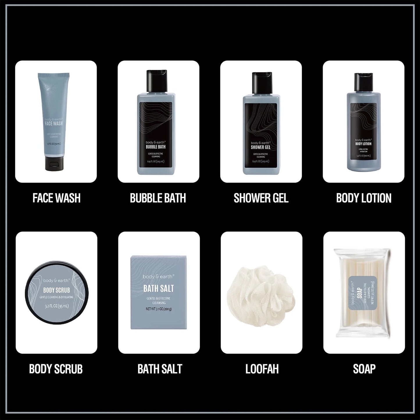 Luxury bath and body care spa gift basket for men by X With Love, includes 8 scented skin self-care products for relaxation.