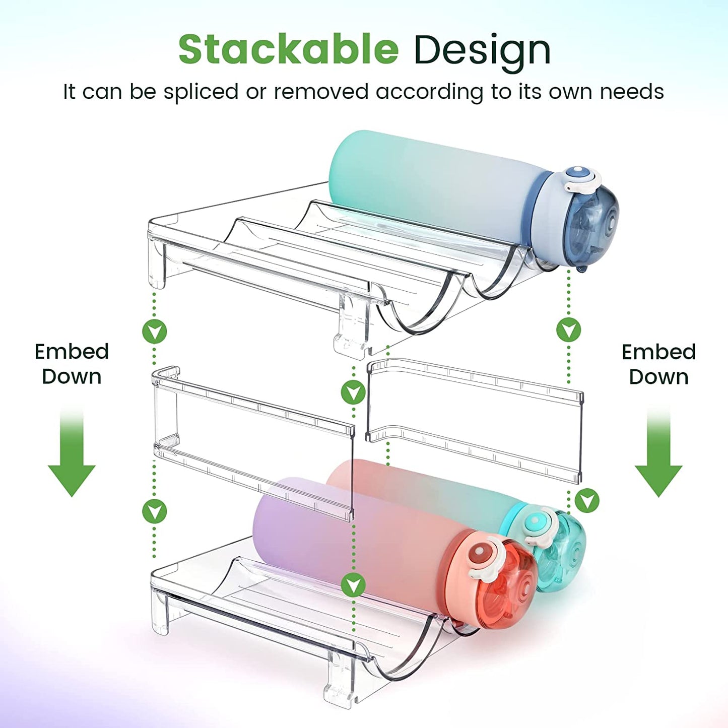 Stackable water bottle organizers for cabinets, 2-pack, My Store water bottle storage racks with adjustable compartments for easy organization.