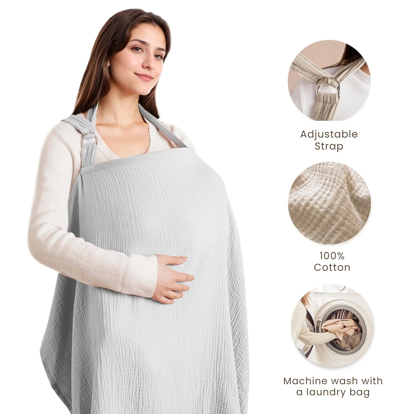 Grey X With Love muslin nursing cover with rigid hoop, breathable cotton, suitable for breastfeeding, carseat canopy, and mom’s apron