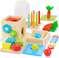 Wooden Montessori Baby Toys, 8-In-1 Wooden Play Kit Includes Object Permanent Box, Coin Box, Carrot Harvest, Shape Sorting & Stacking - Birthday Gift for Boys Girls Toddlers