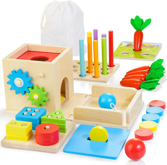 Wooden Montessori Baby Toys, 8-In-1 Wooden Play Kit Includes Object Permanent Box, Coin Box, Carrot Harvest, Shape Sorting & Stacking - Birthday Gift for Boys Girls Toddlers