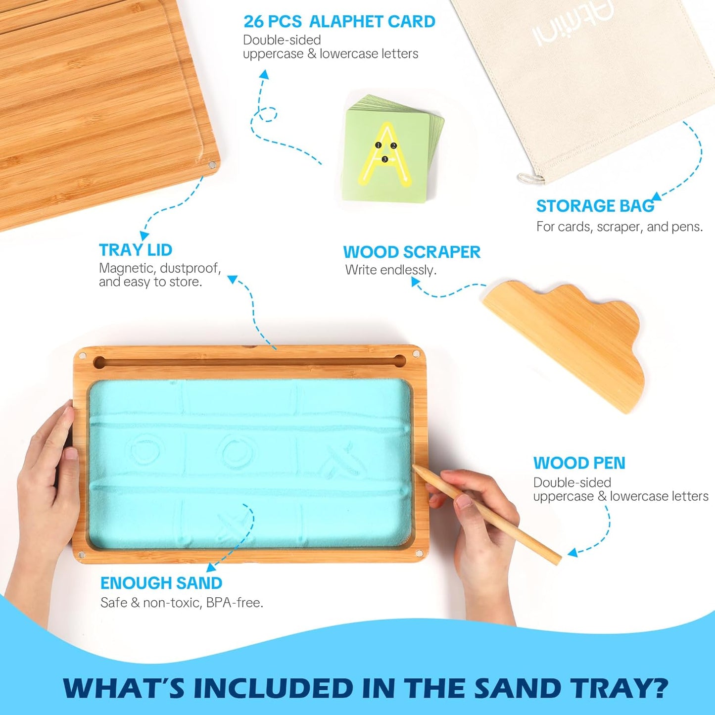 Blue Montessori wooden sand tray with lid for kids, ideal for writing letters and numbers in preschool and kindergarten classrooms.