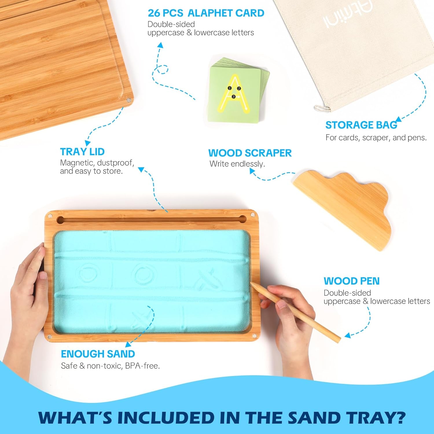 Blue Montessori wooden sand tray with lid for kids, ideal for writing letters and numbers in preschool and kindergarten classrooms.
