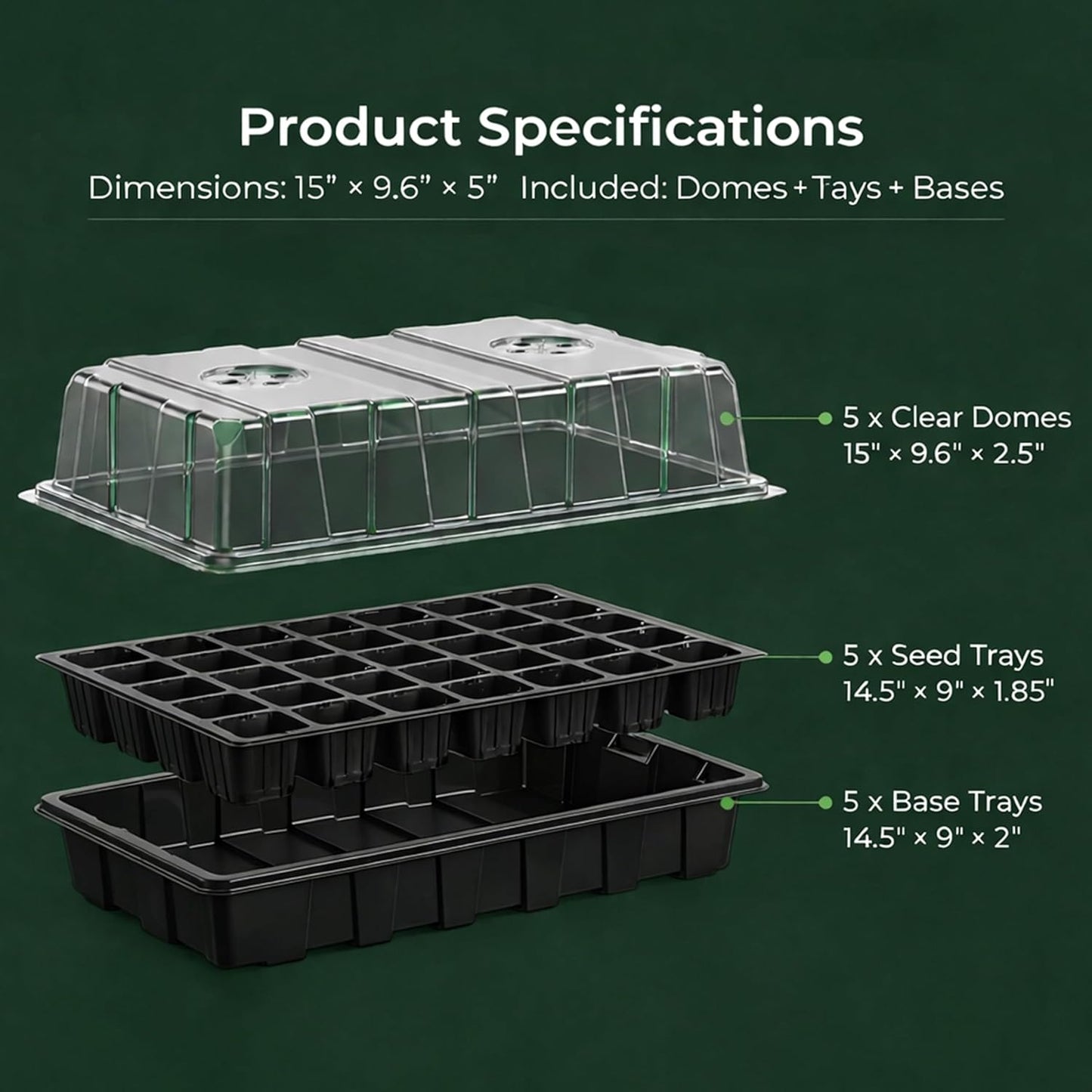 5-set seed starter tray kits with 200 cell germination trays, humidity vented domes, ideal for indoor gardening and seed starting