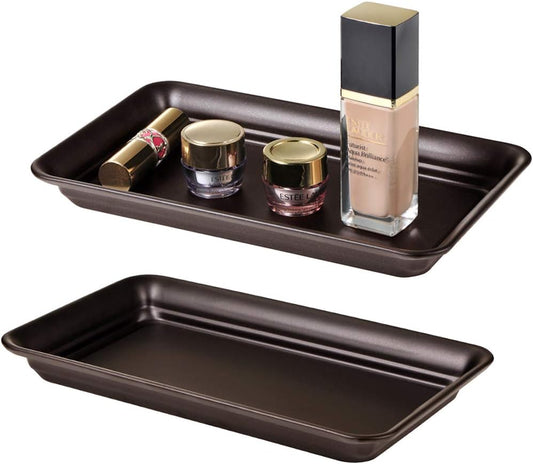Vintage bronze farmhouse decor metal vanity tray, 2-pack for jewelry, perfume, cosmetics, and bathroom countertop organization