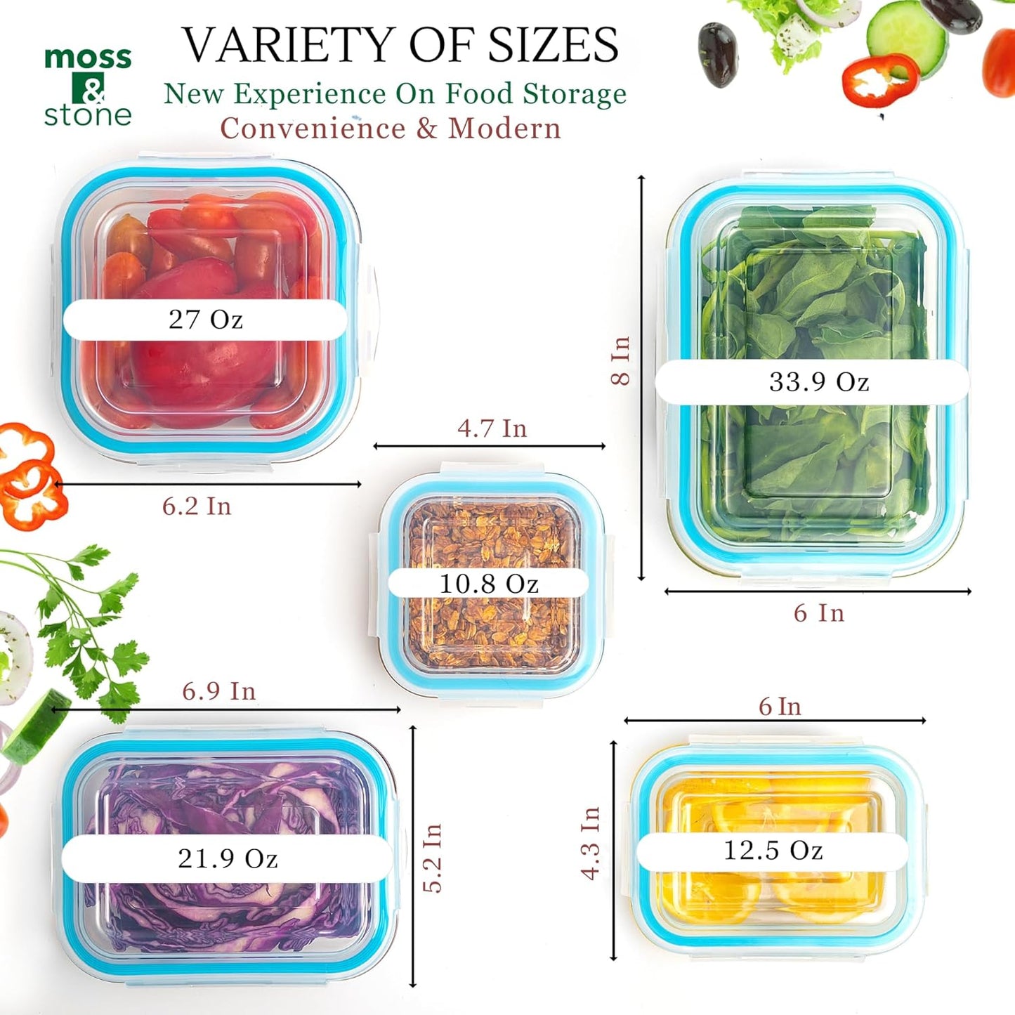Set of 10 borosilicate glass meal prep containers with leak-proof snap-lock lids, stackable, microwave, freezer, oven safe.