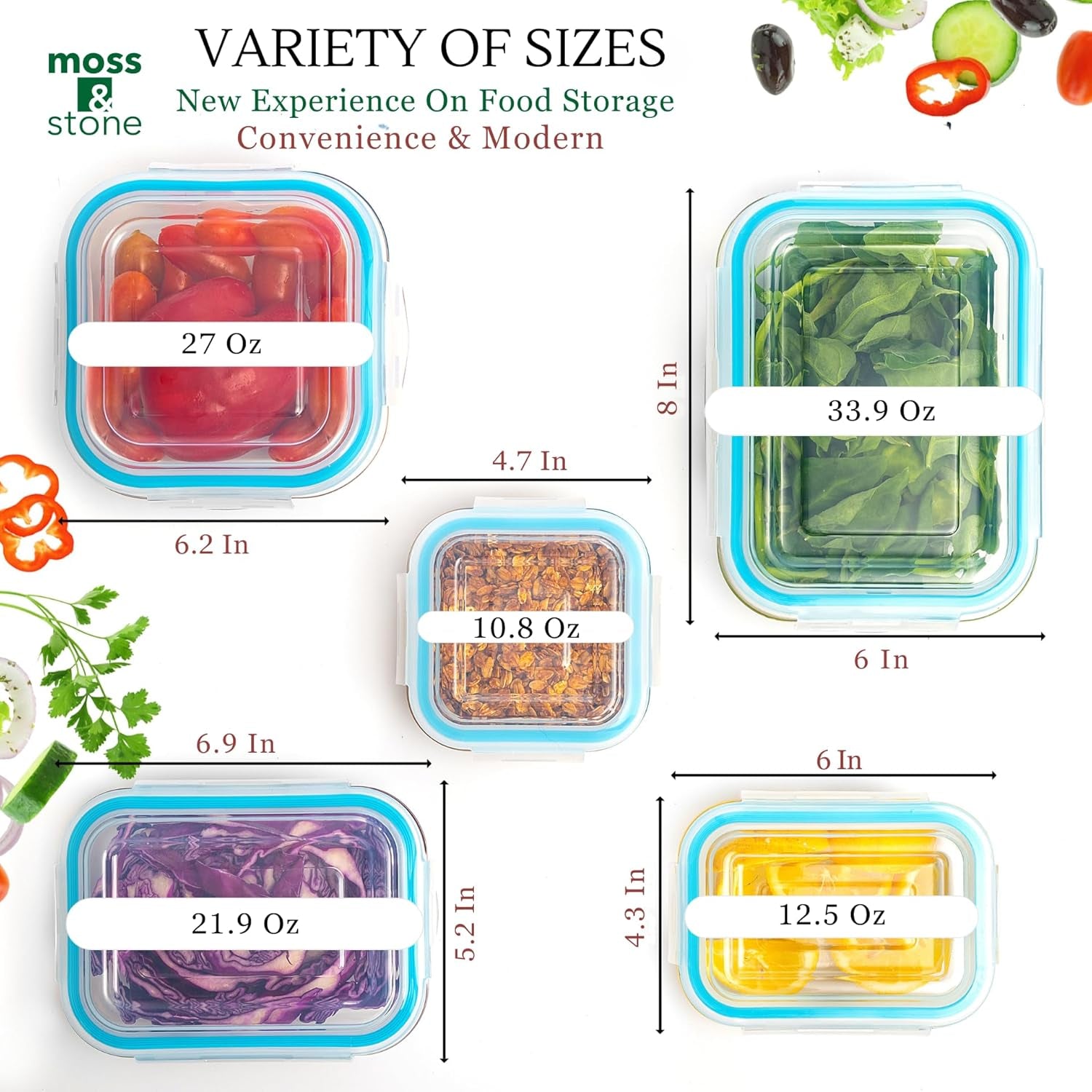 Set of 10 borosilicate glass meal prep containers with leak-proof snap-lock lids, stackable, microwave, freezer, oven safe.