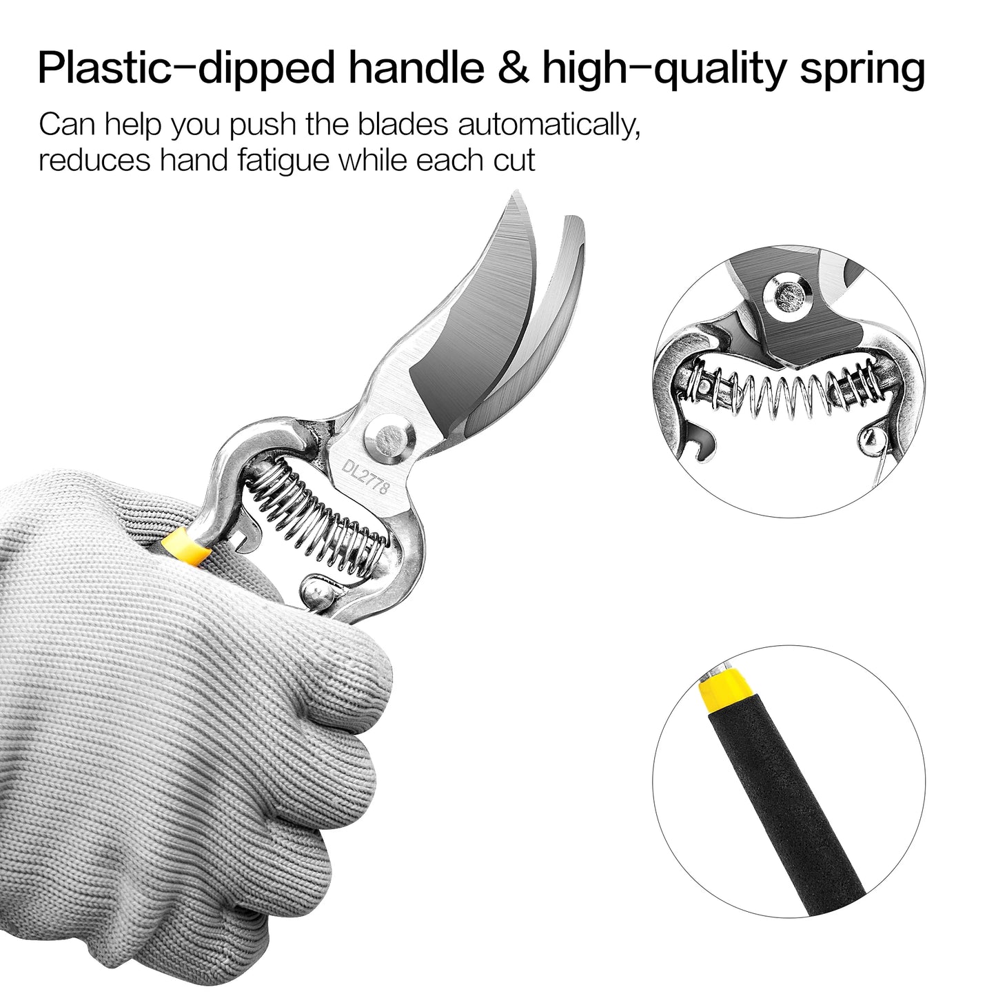 Black 8-inch bypass garden pruning shears by X With Love, featuring sharp blades for trimming plants and garden branches.