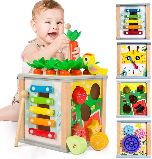Colorful shape sorter toy for babies and toddlers from X With Love, featuring geometric shapes for early learning and development.