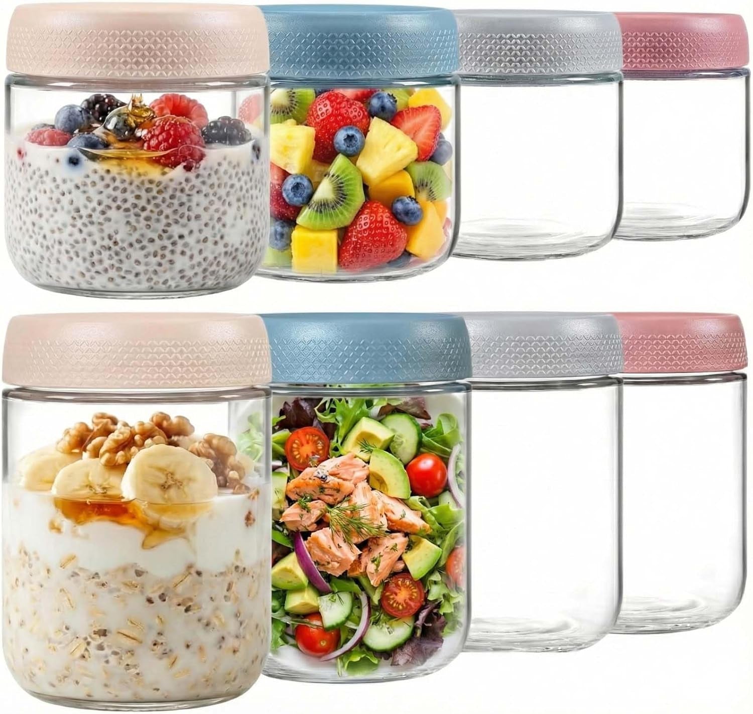 Eight stackable glass overnight oats containers with airtight lids, chia seed pudding jars, wide mouth for snacks, yogurt, or spices.