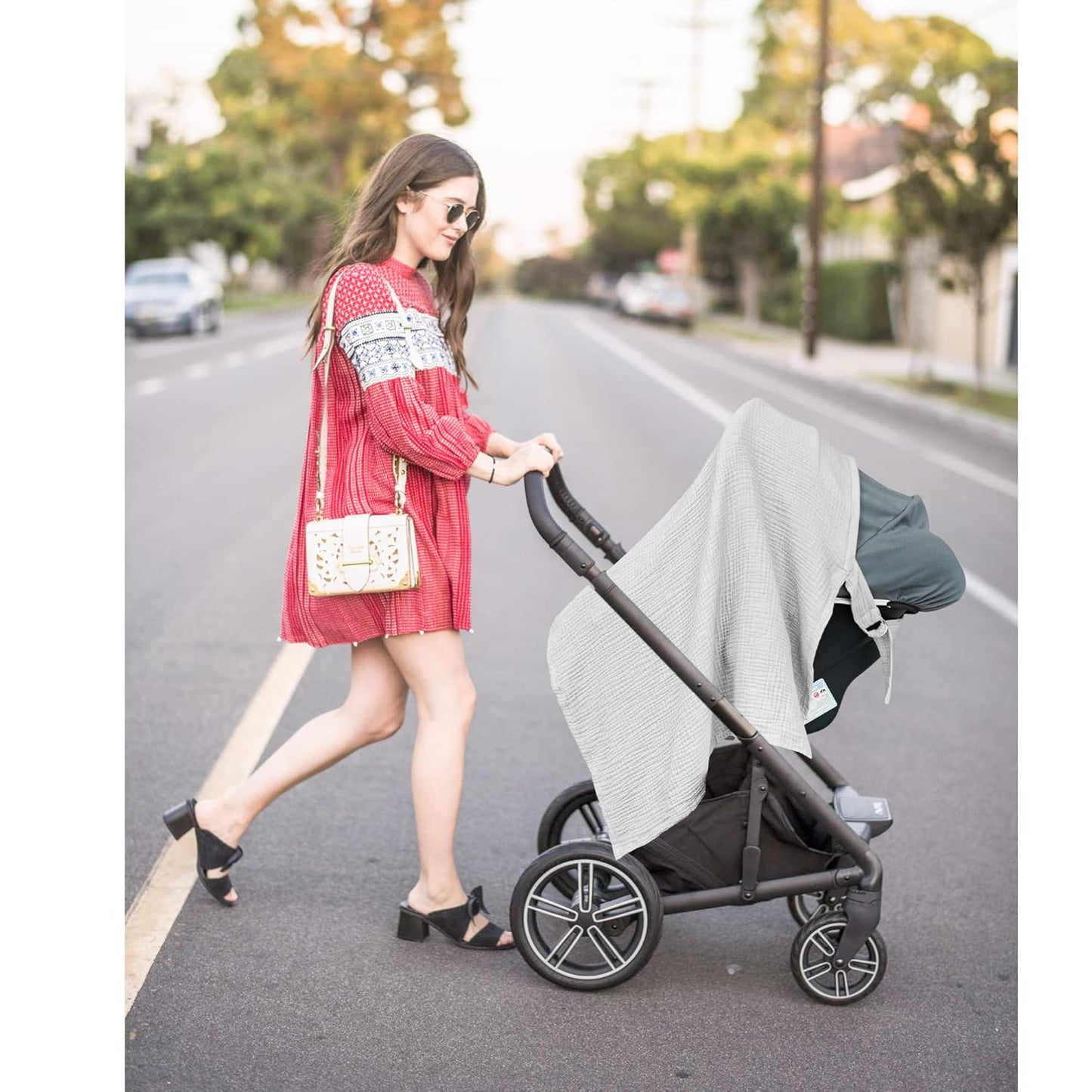 Grey X With Love muslin nursing cover with rigid hoop, breathable 100% cotton, suitable for breastfeeding, carseat, and mom's apron.