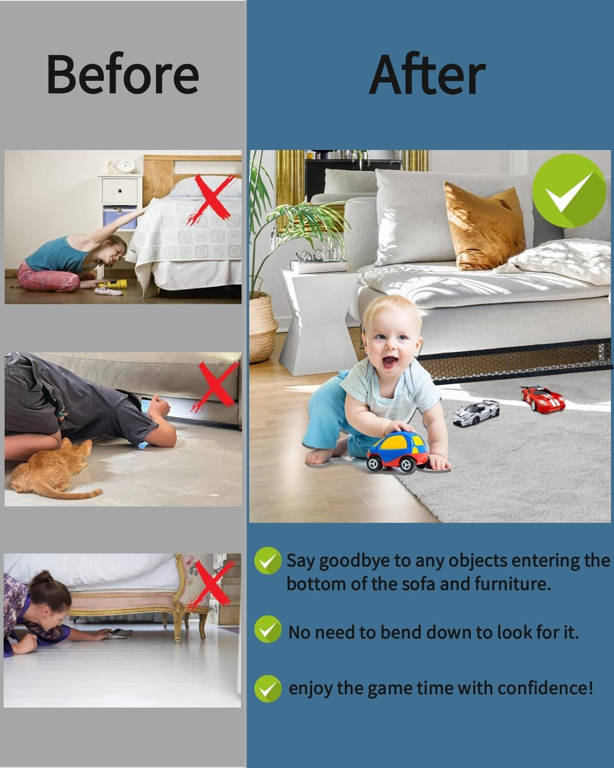 Black under couch blocker for kids and pets, 394x5.9 inches, includes zip ties to prevent toys from falling under furniture.