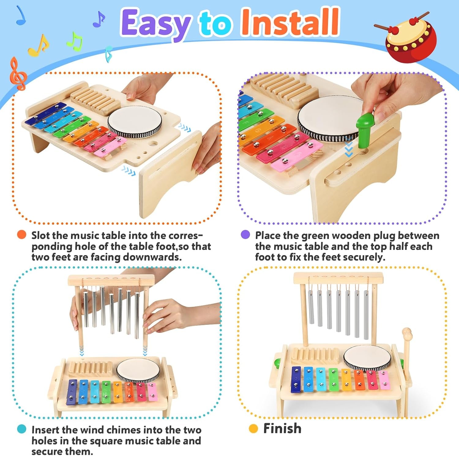 Kids drum set and wooden xylophone by X With Love, toddler musical instrument toy with baby drum, wind chime, and Montessori design