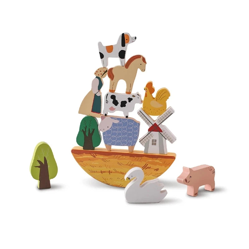 Wooden Montessori sensory stacking toys for babies featuring forest house replicas, ideal for early childhood education and play.