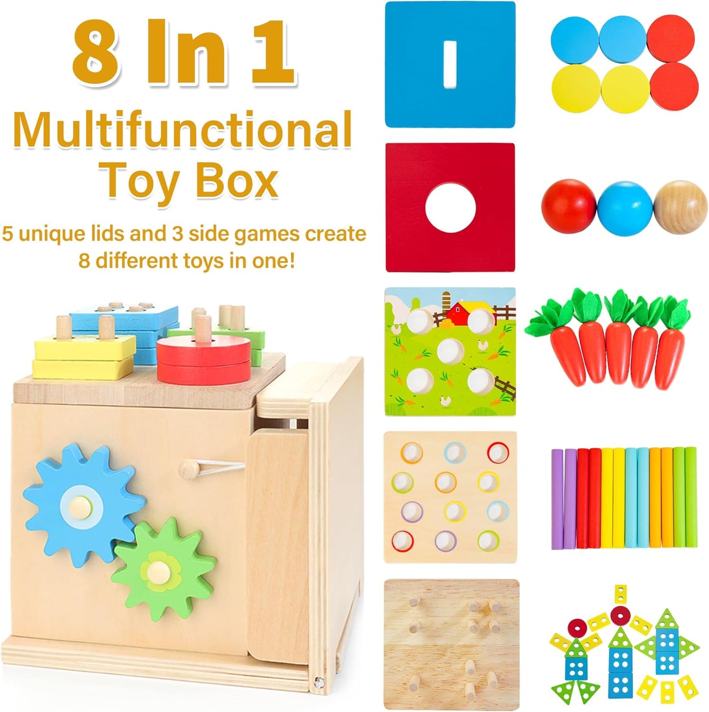 Wooden Montessori Baby Toys, 8-In-1 Wooden Play Kit Includes Object Permanent Box, Coin Box, Carrot Harvest, Shape Sorting & Stacking - Birthday Gift for Boys Girls Toddlers